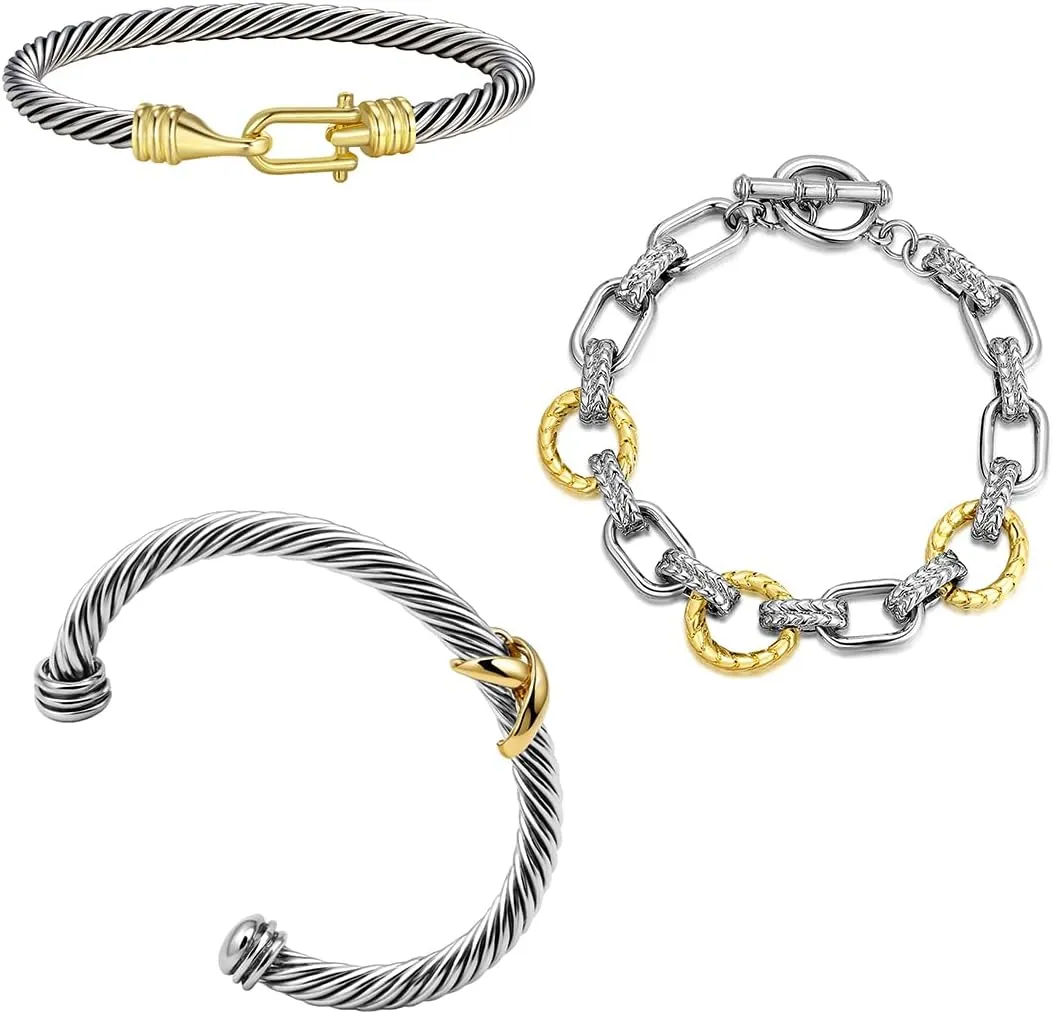 3Pcs Twisted Cable Cuff Bracelets for Women Set, Trendy Vintage Gold and Silver Bracelets Two Tone Chain Bangle Mixed Metal Designer Dupes Jewelry for Her (Two Tone B)