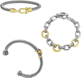 3Pcs Twisted Cable Cuff Bracelets for Women Set, Trendy Vintage Gold and Silver Bracelets Two Tone Chain Bangle Mixed Metal Designer Dupes Jewelry for Her (Two Tone B)