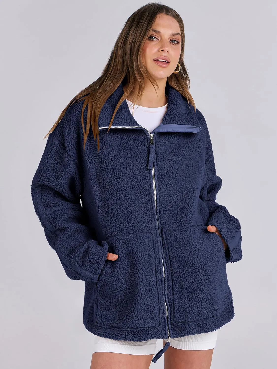 ANRABESS Womens Fleece Jacket Oversized Zip Up Sherpa Fuzzy Casual Coats Winter Fall Outerwear 2024 Clothes with Pockets