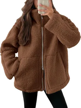 ANRABESS Womens Fleece Jacket Oversized Zip Up Sherpa Fuzzy Casual Coats Winter Fall Outerwear 2024 Clothes with Pockets