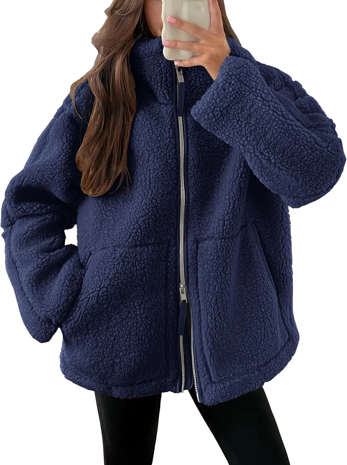 ANRABESS Womens Fleece Jacket Oversized Zip Up Sherpa Fuzzy Casual Coats Winter Fall Outerwear 2024 Clothes with Pockets