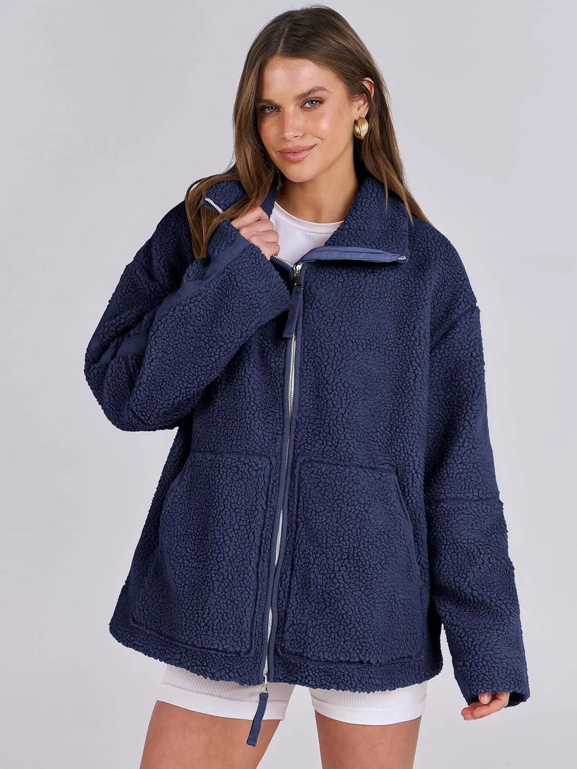 ANRABESS Womens Fleece Jacket Oversized Zip Up Sherpa Fuzzy Casual Coats Winter Fall Outerwear 2024 Clothes with Pockets