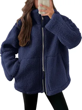 ANRABESS Womens Fleece Jacket Oversized Zip Up Sherpa Fuzzy Casual Coats Winter Fall Outerwear 2024 Clothes with Pockets