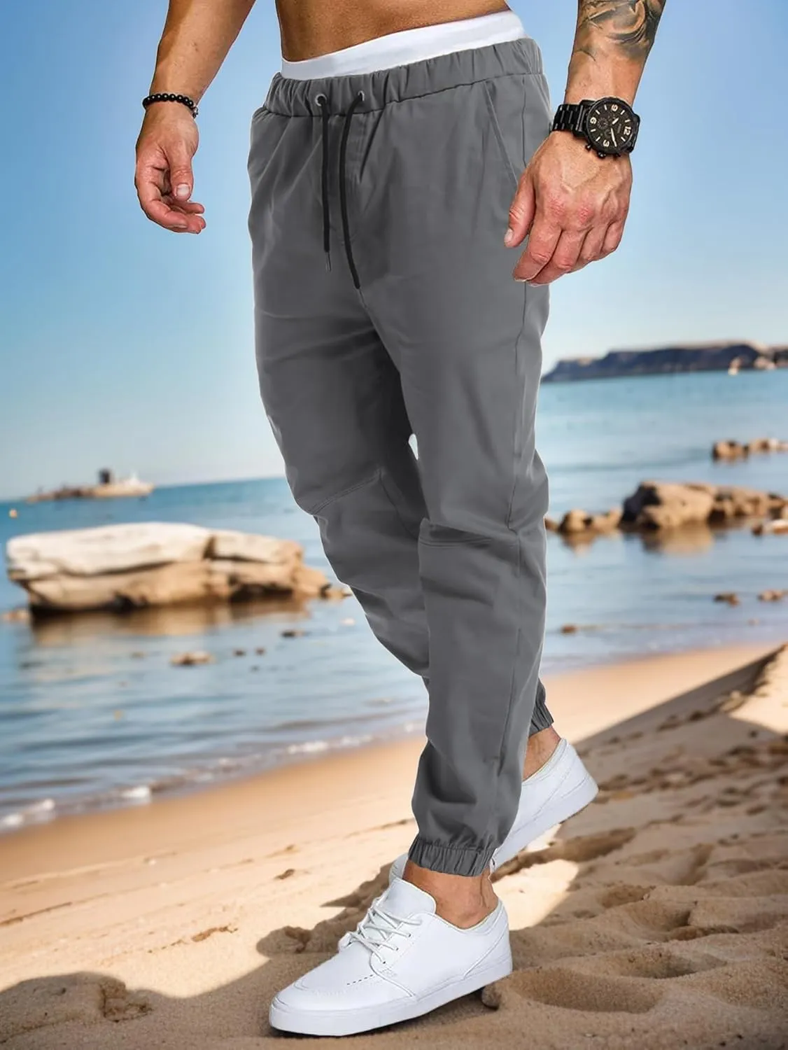AUTIWITUA Men's Casual Jogger Pants Lightweight Cotton Drawstring Cargo Pants Outdoor Hiking Twill Track Tapered Pants