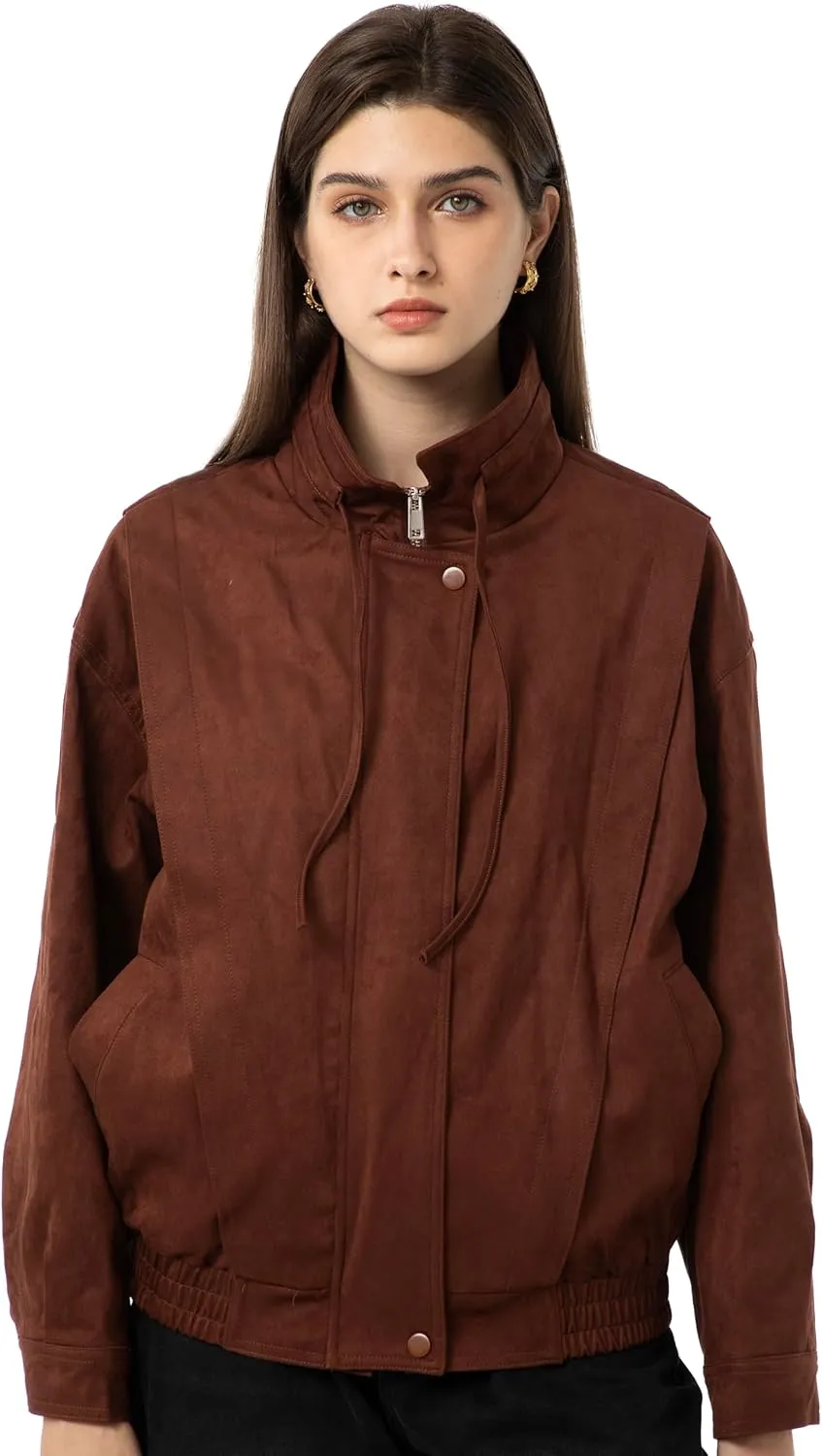 Babalet Womens Oversized Faux Suede Jackets Zip Up Coats Faux Motorcycle Bomber Outfits Trendy Fashion Clothes 2025
