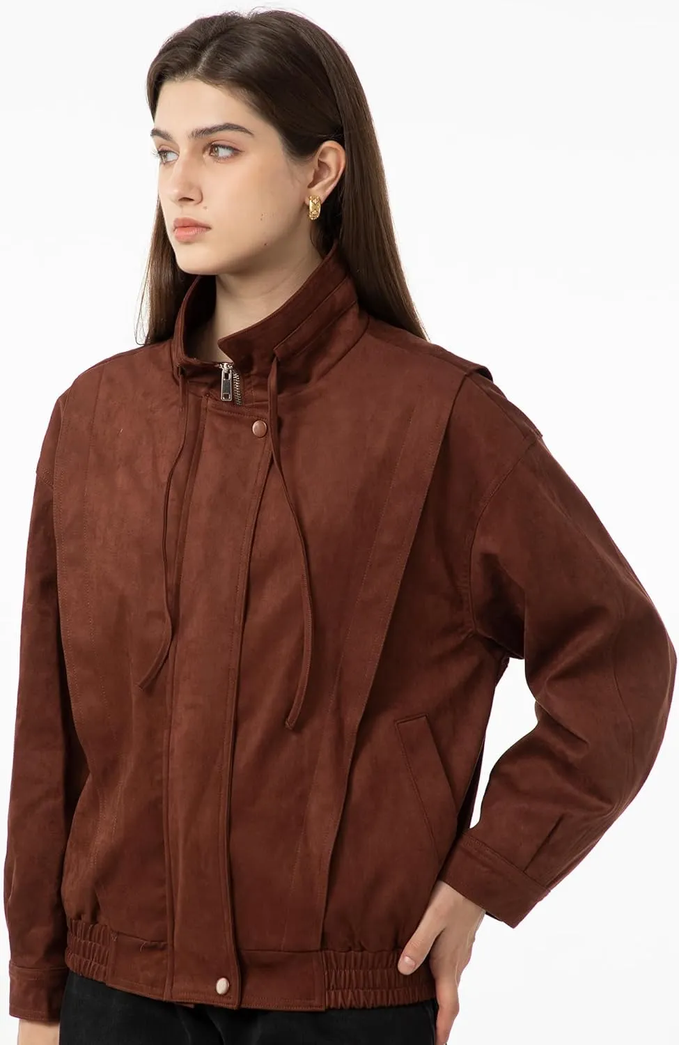 Babalet Womens Oversized Faux Suede Jackets Zip Up Coats Faux Motorcycle Bomber Outfits Trendy Fashion Clothes 2025