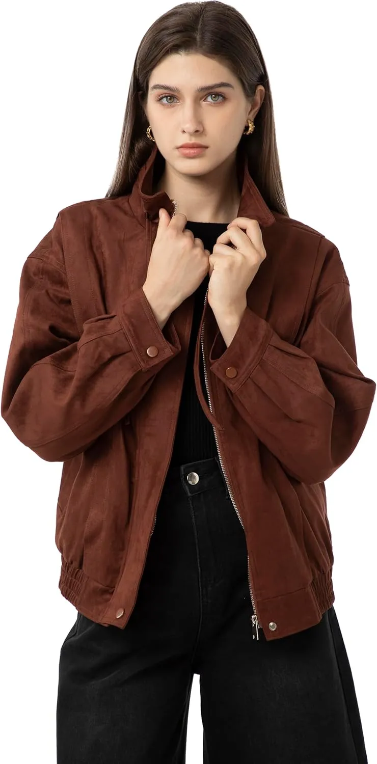 Babalet Womens Oversized Faux Suede Jackets Zip Up Coats Faux Motorcycle Bomber Outfits Trendy Fashion Clothes 2025