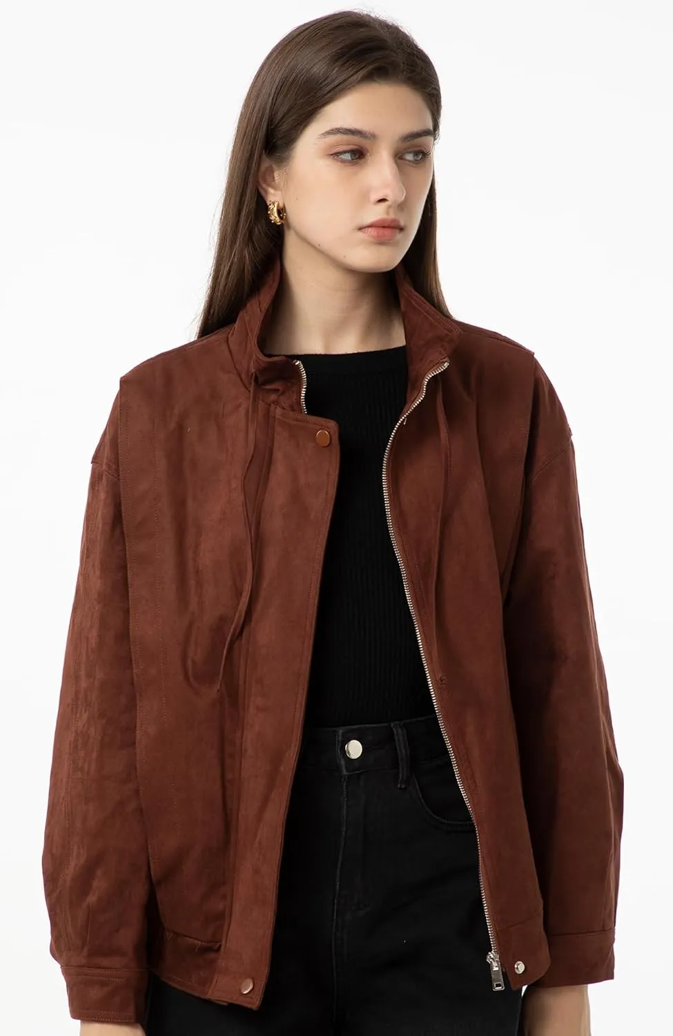 Babalet Womens Oversized Faux Suede Jackets Zip Up Coats Faux Motorcycle Bomber Outfits Trendy Fashion Clothes 2025