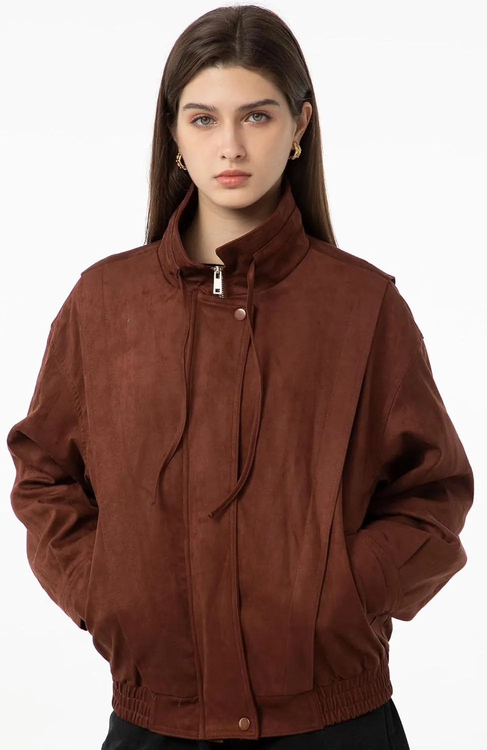 Babalet Womens Oversized Faux Suede Jackets Zip Up Coats Faux Motorcycle Bomber Outfits Trendy Fashion Clothes 2025