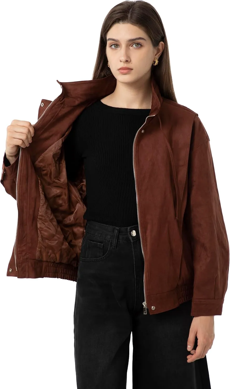 Babalet Womens Oversized Faux Suede Jackets Zip Up Coats Faux Motorcycle Bomber Outfits Trendy Fashion Clothes 2025