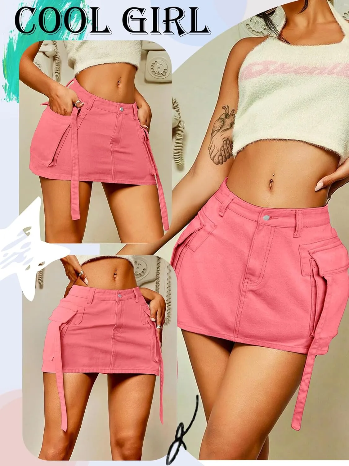 Cargo Skirt Women y2k Button Mini Jeans Skirt Denim Skirt with Pocket Low Waist