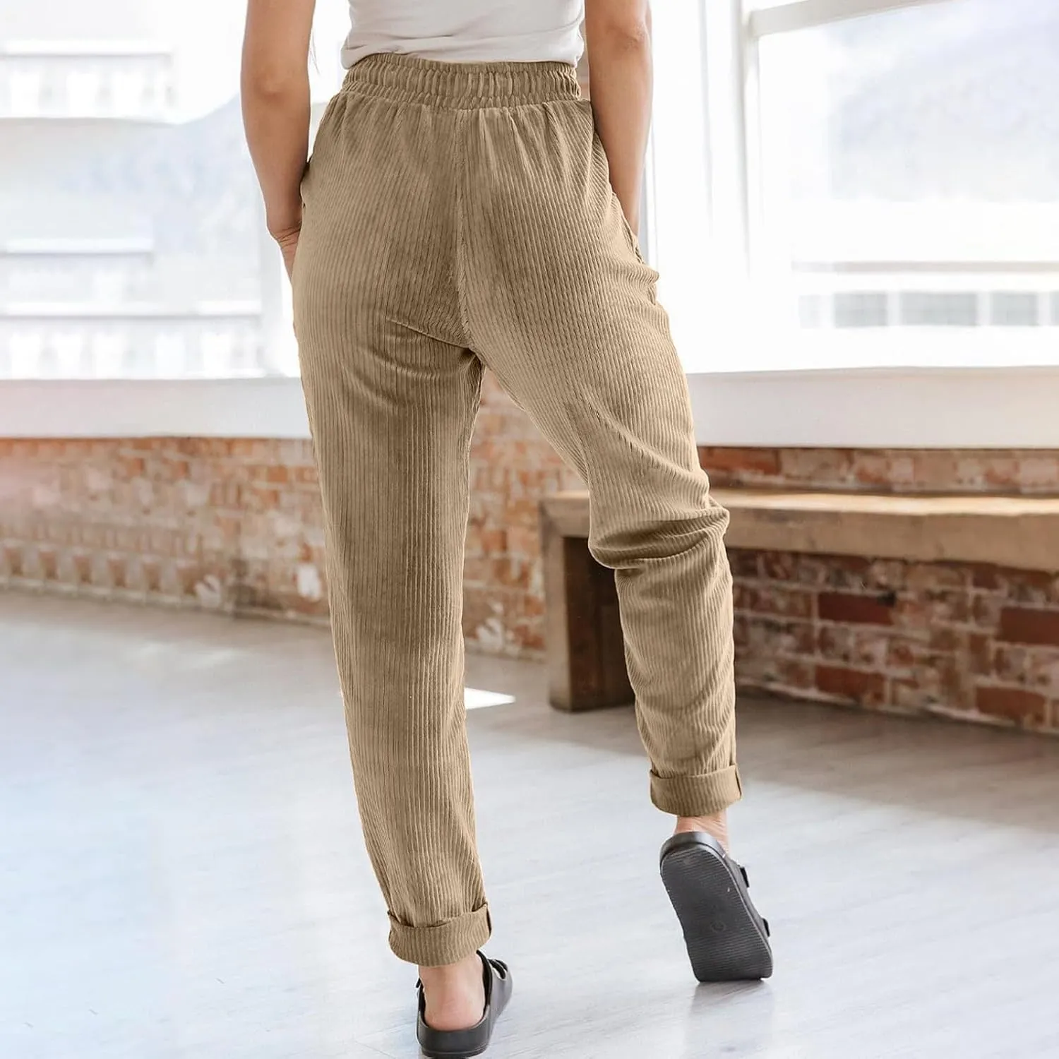 Corduroy Pants Women Trendy Casual Elastic High Waist Straight Leg Pants Loose Comfy Drawstring Pants with Pockets
