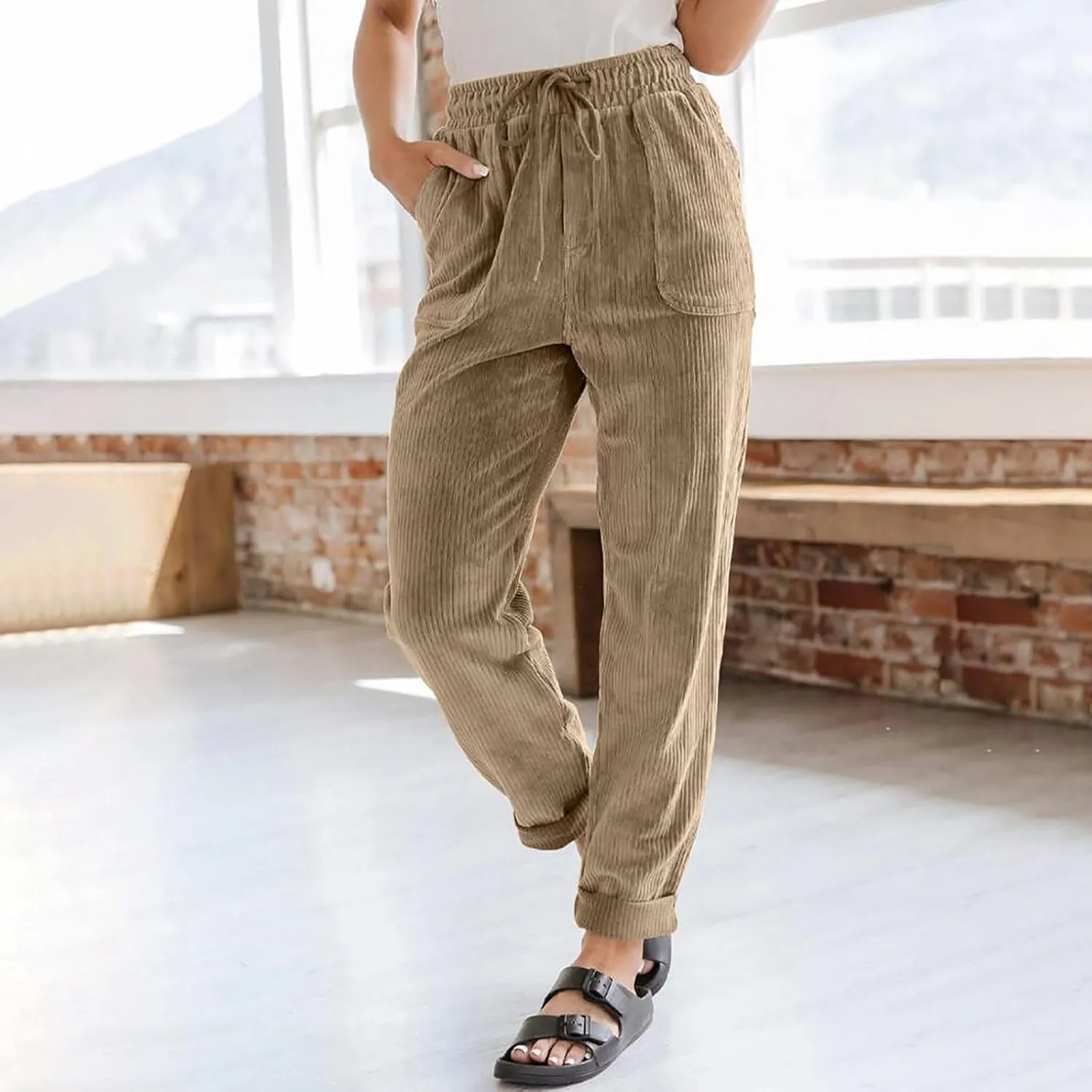 Corduroy Pants Women Trendy Casual Elastic High Waist Straight Leg Pants Loose Comfy Drawstring Pants with Pockets