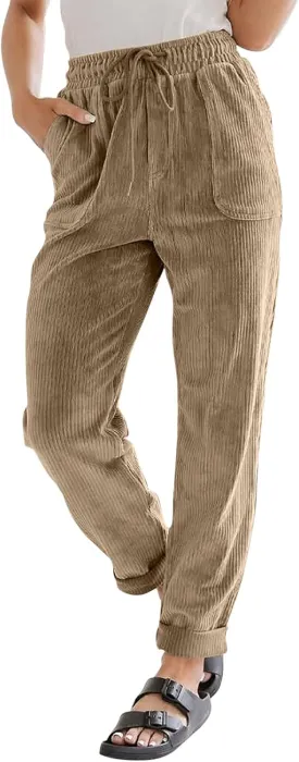 Corduroy Pants Women Trendy Casual Elastic High Waist Straight Leg Pants Loose Comfy Drawstring Pants with Pockets