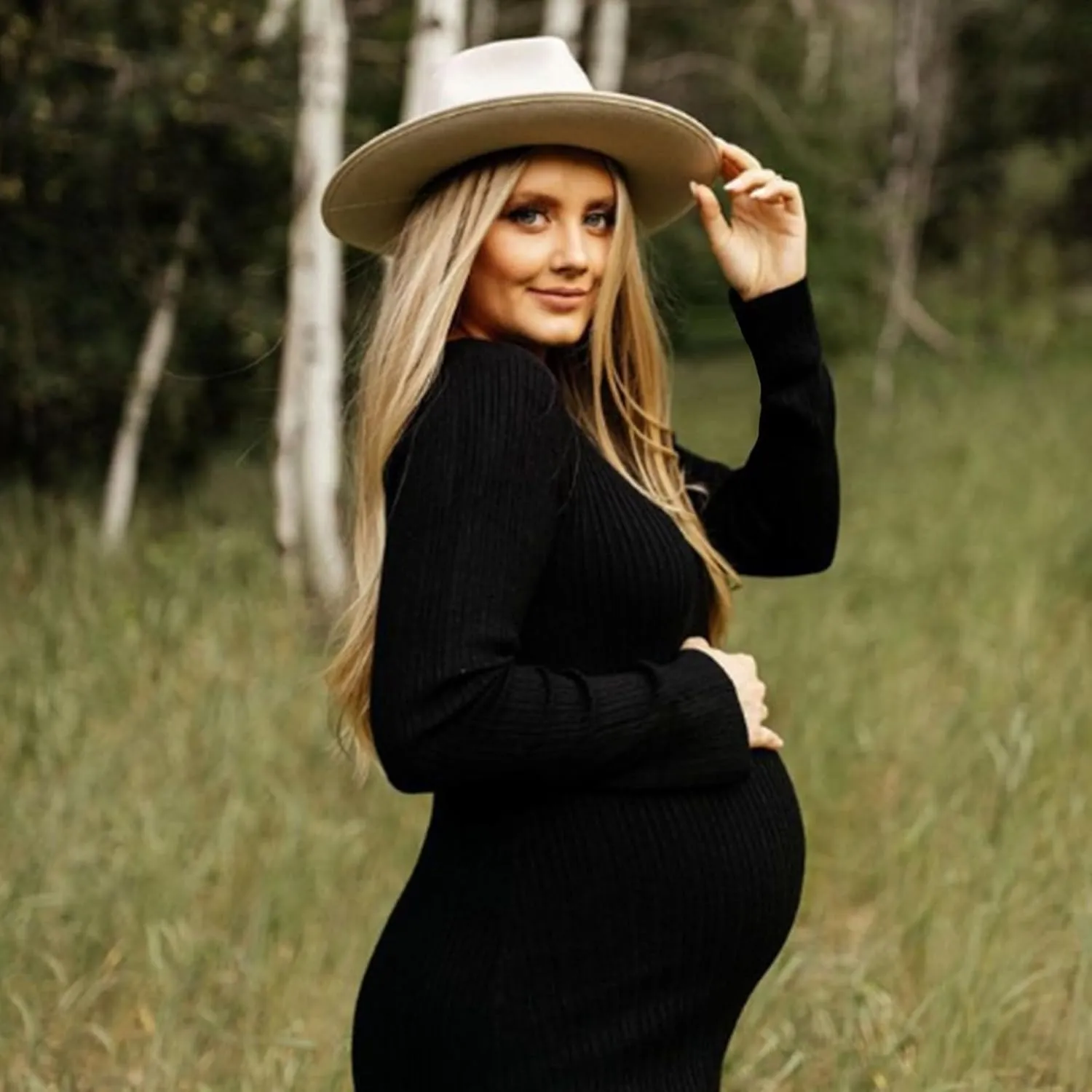 Crewneck Maternity Dress Rib Knit Long Sleeve Photoshoot Baby Shower Dresses Slit Pregnancy Sweater Clothes with Belt