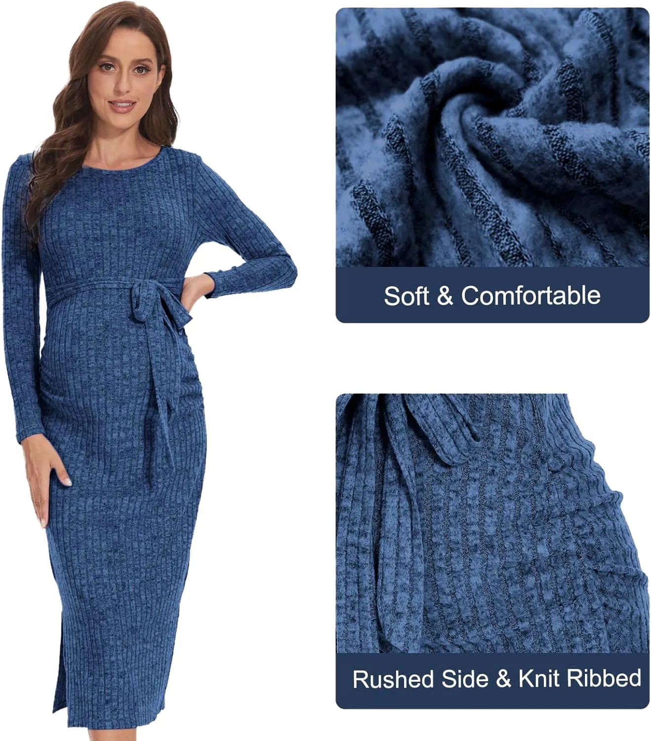Crewneck Maternity Dress Rib Knit Long Sleeve Photoshoot Baby Shower Dresses Slit Pregnancy Sweater Clothes with Belt