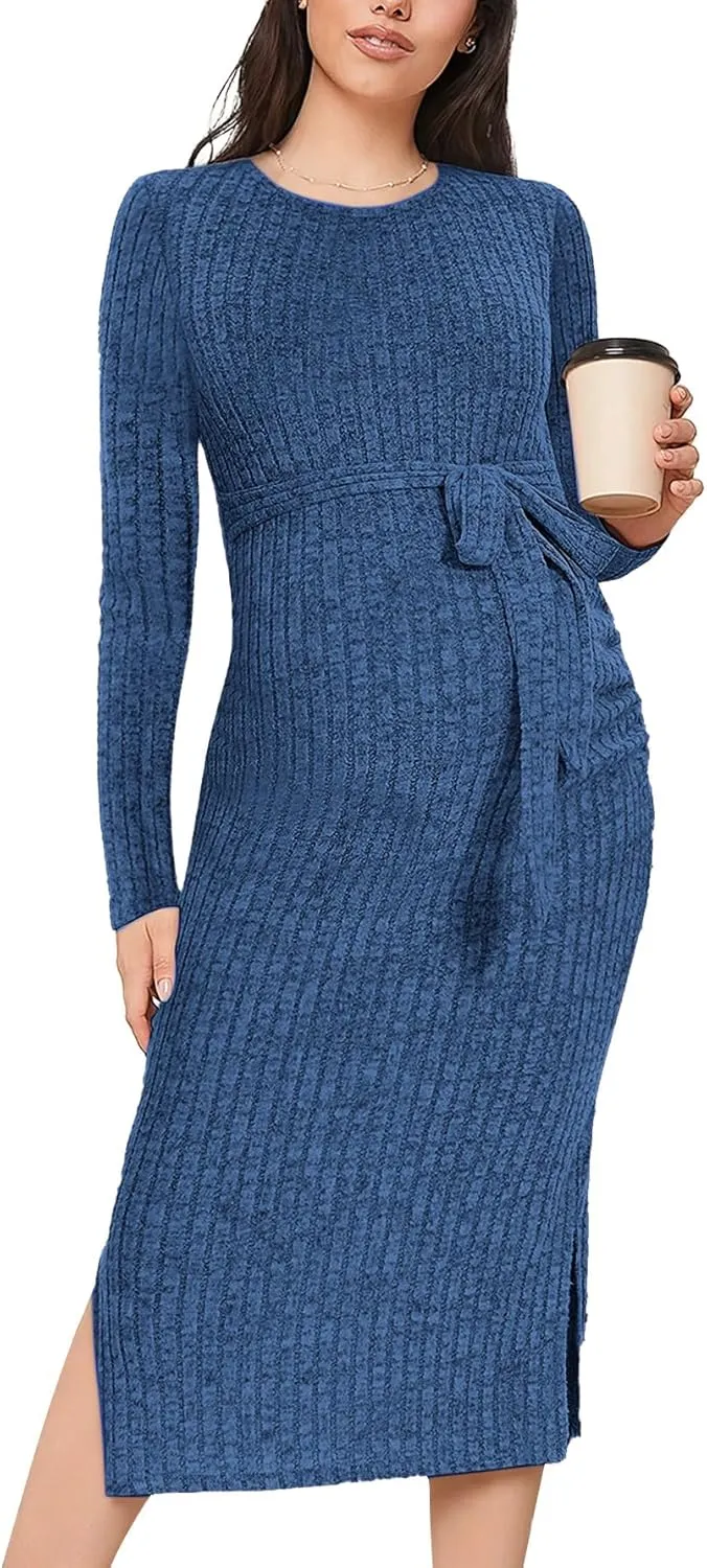 Crewneck Maternity Dress Rib Knit Long Sleeve Photoshoot Baby Shower Dresses Slit Pregnancy Sweater Clothes with Belt