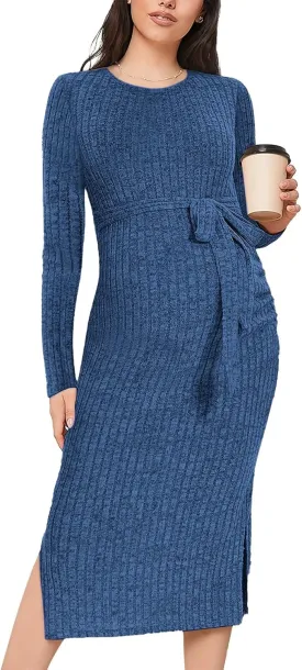 Crewneck Maternity Dress Rib Knit Long Sleeve Photoshoot Baby Shower Dresses Slit Pregnancy Sweater Clothes with Belt