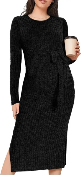 Crewneck Maternity Dress Rib Knit Long Sleeve Photoshoot Baby Shower Dresses Slit Pregnancy Sweater Clothes with Belt