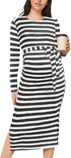 Crewneck Maternity Dress Rib Knit Long Sleeve Photoshoot Baby Shower Dresses Slit Pregnancy Sweater Clothes with Belt