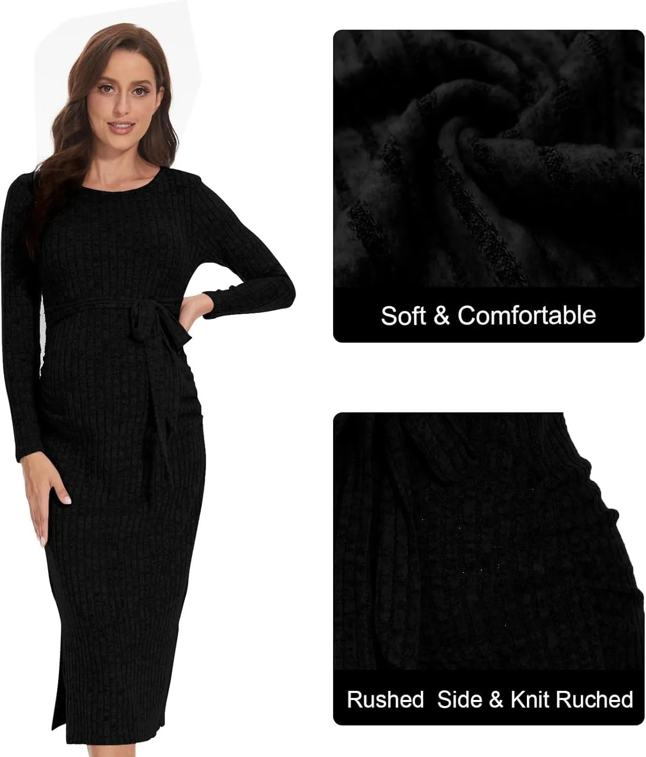 Crewneck Maternity Dress Rib Knit Long Sleeve Photoshoot Baby Shower Dresses Slit Pregnancy Sweater Clothes with Belt