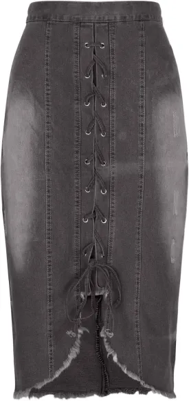 Denim Pencil Skirt Women Lace-up Front Bodycon Jeans Skirt High Waisted Tight Denim Skirts Gothic Punk Frayed Skirts