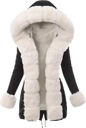 Fashion Furry Winter Coats for Women 2025 Faux Fur Neck Hooded Jacket Down Warm Coat Windbreaker Overcoat