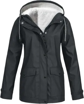 Fleece Lined Raincoat for Women Waterproof Lightweight Zip Up Hooded Jacket Winter Rain Jackets Outdoor Windbreaker