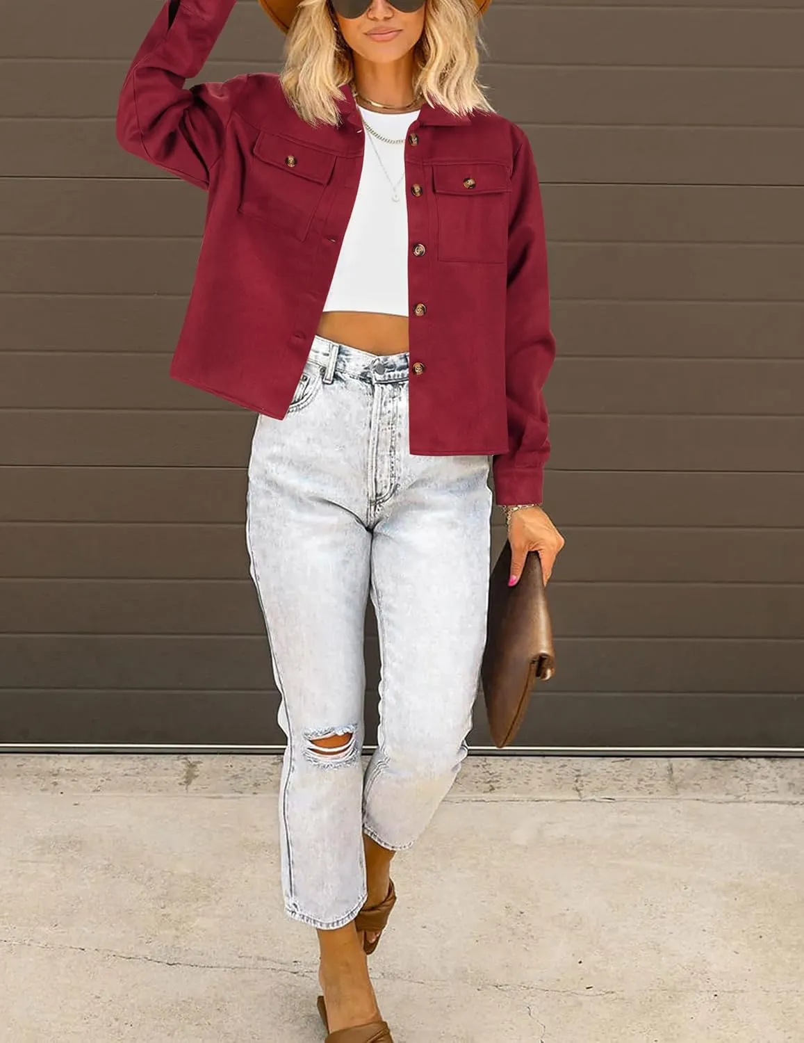 HOTOUCH Women Fashion Cropped Shacket Button Down Trendy Shacket Jackets Casual Long Sleeve Crop Shirts Jackets Tops