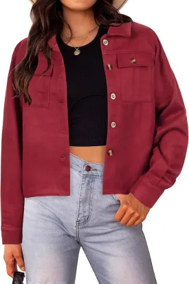 HOTOUCH Women Fashion Cropped Shacket Button Down Trendy Shacket Jackets Casual Long Sleeve Crop Shirts Jackets Tops