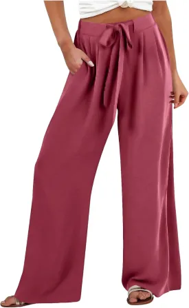 Lastesso Palazzo Pants for Women Casual Linen Wide Leg Business Trousers with Pockets Belted Fold Pleated Lounge Outfits