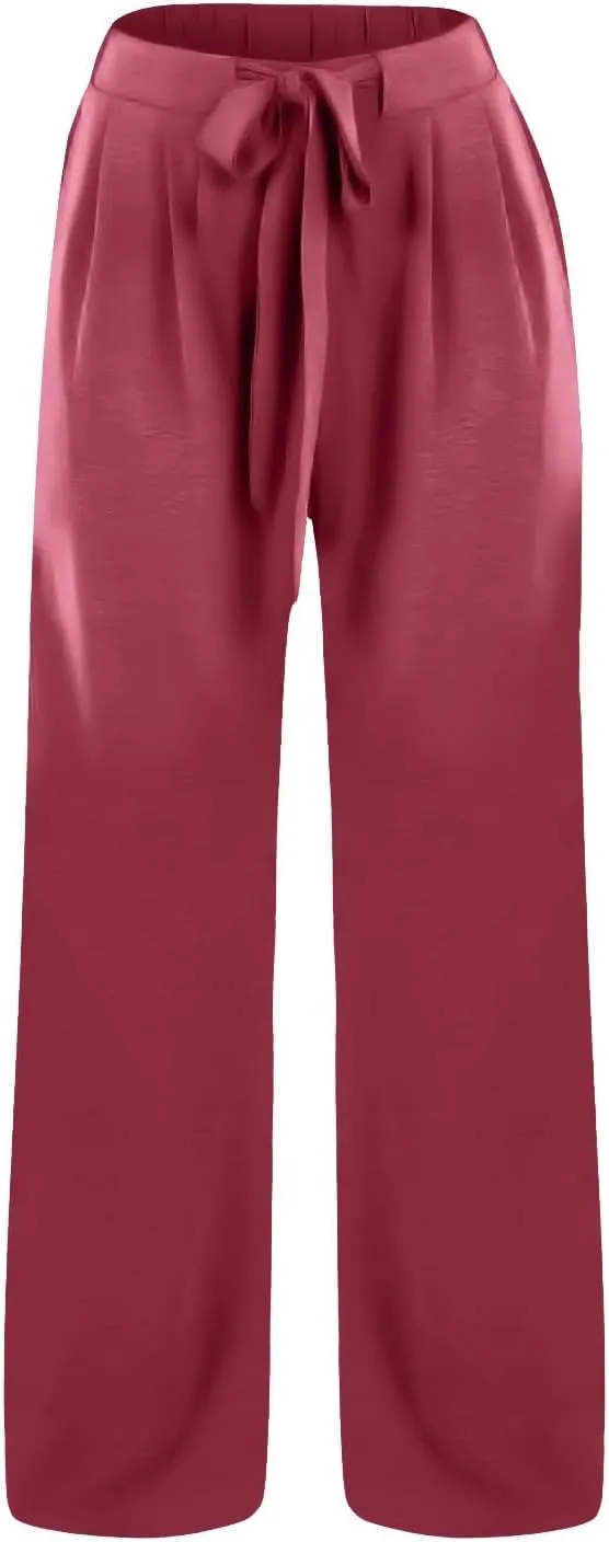 Lastesso Palazzo Pants for Women Casual Linen Wide Leg Business Trousers with Pockets Belted Fold Pleated Lounge Outfits