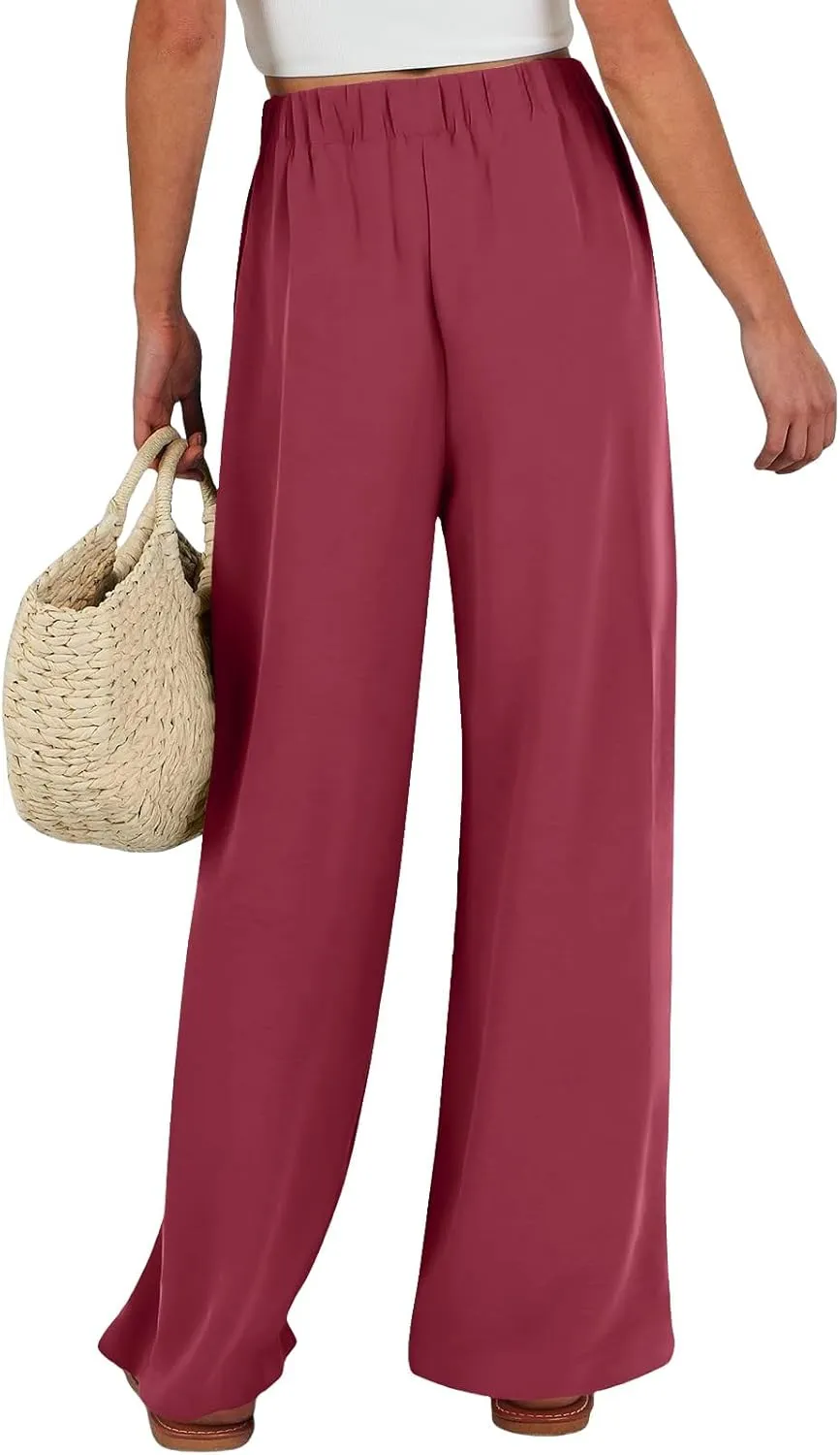Lastesso Palazzo Pants for Women Casual Linen Wide Leg Business Trousers with Pockets Belted Fold Pleated Lounge Outfits