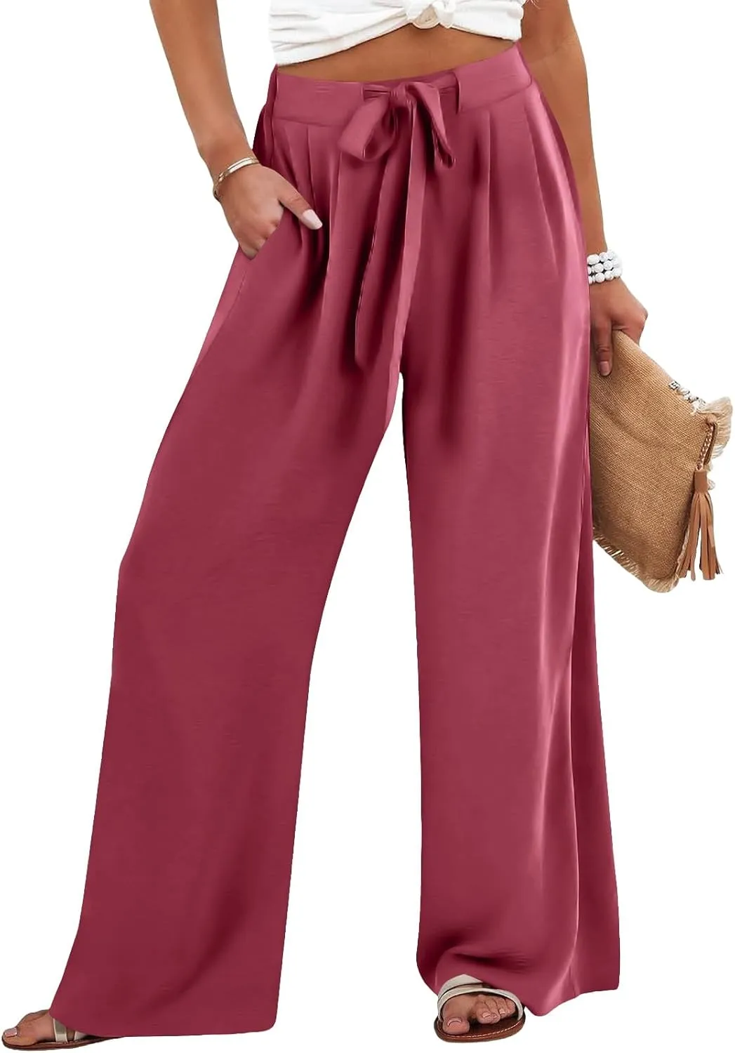 Lastesso Palazzo Pants for Women Casual Linen Wide Leg Business Trousers with Pockets Belted Fold Pleated Lounge Outfits