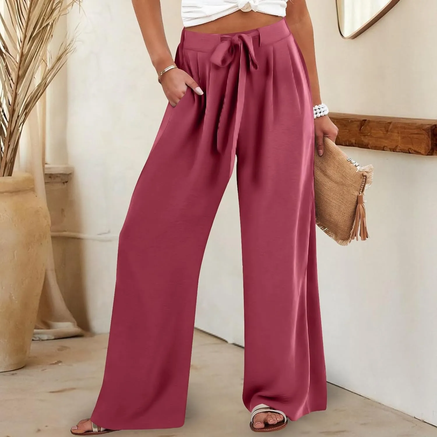 Lastesso Palazzo Pants for Women Casual Linen Wide Leg Business Trousers with Pockets Belted Fold Pleated Lounge Outfits