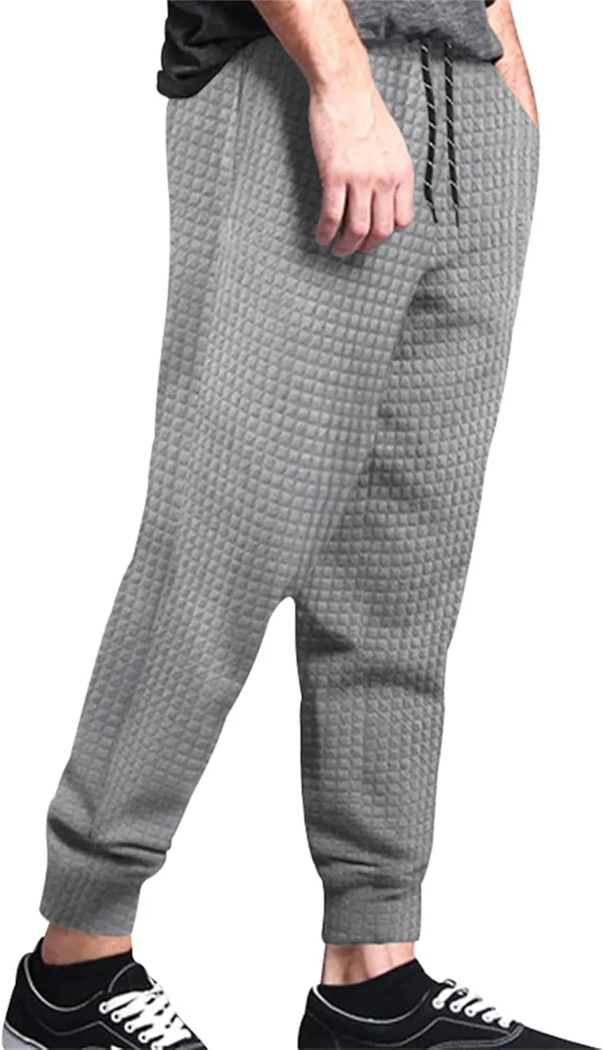 Mens Baggy Waffle Knitted Elastic Waist Drawstring Loose Comfortable Jogger Workout Athletic Lounge Trousers Pants