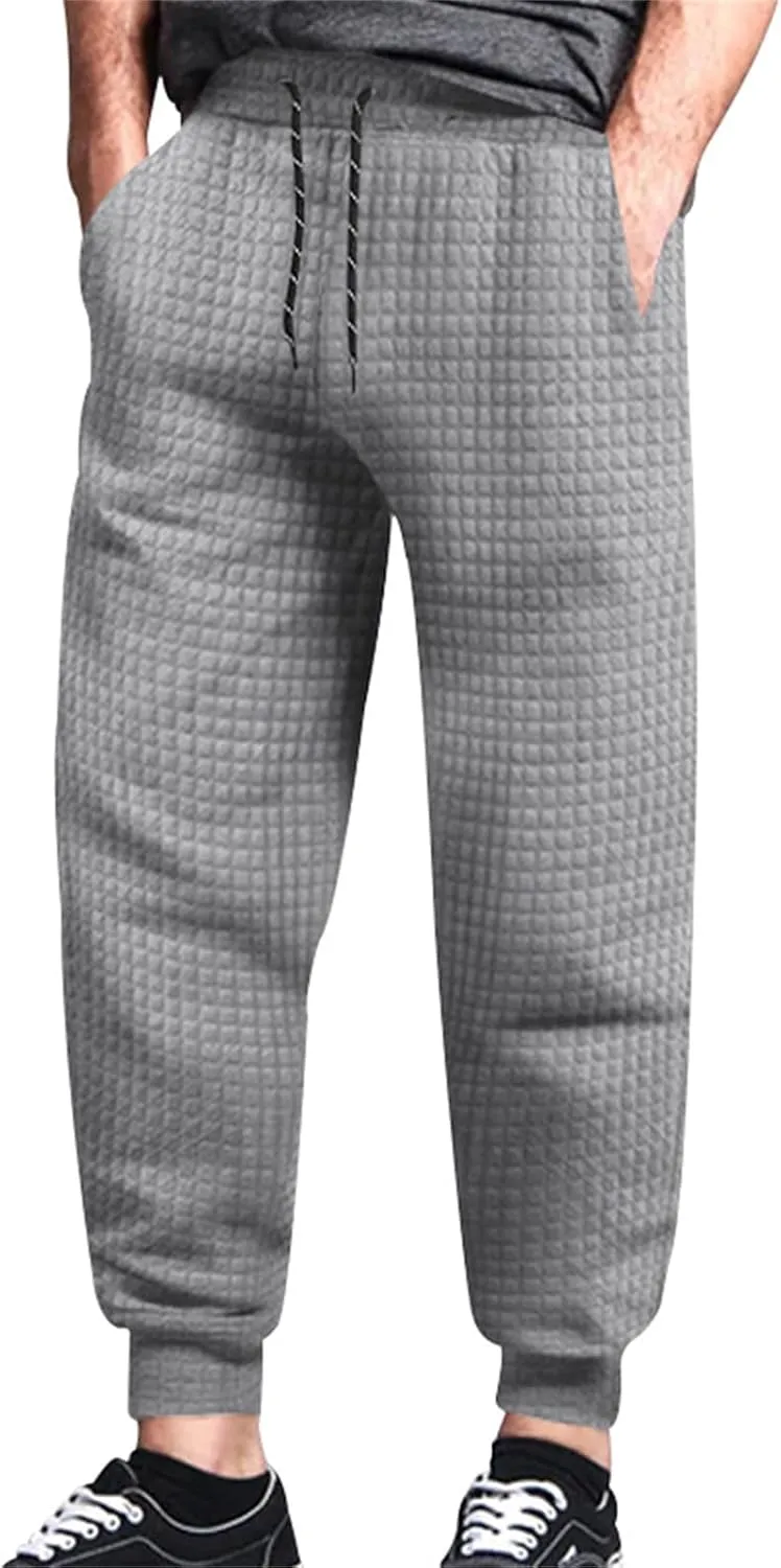 Mens Baggy Waffle Knitted Elastic Waist Drawstring Loose Comfortable Jogger Workout Athletic Lounge Trousers Pants