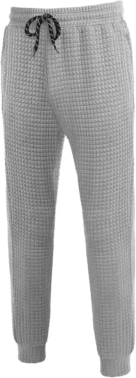 Mens Baggy Waffle Knitted Elastic Waist Drawstring Loose Comfortable Jogger Workout Athletic Lounge Trousers Pants