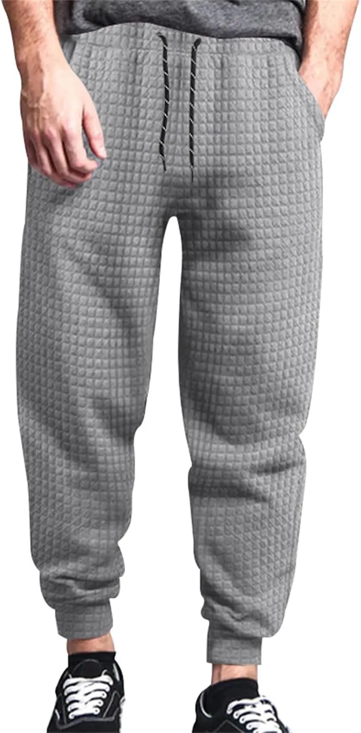 Mens Baggy Waffle Knitted Elastic Waist Drawstring Loose Comfortable Jogger Workout Athletic Lounge Trousers Pants