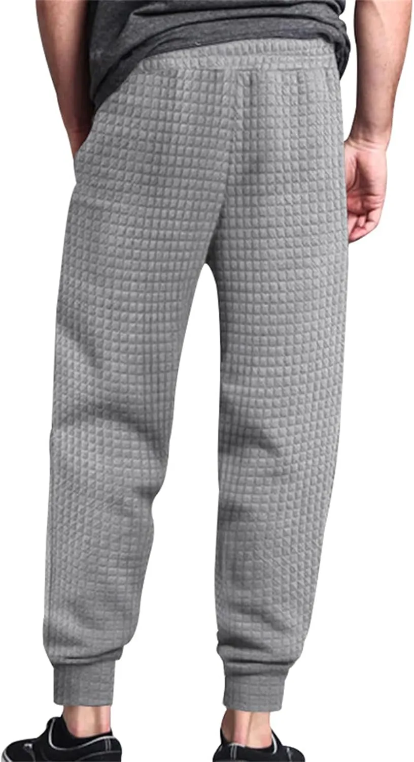 Mens Baggy Waffle Knitted Elastic Waist Drawstring Loose Comfortable Jogger Workout Athletic Lounge Trousers Pants