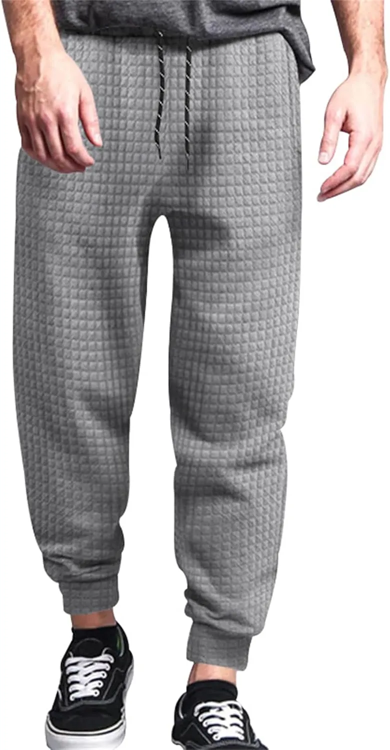 Mens Baggy Waffle Knitted Elastic Waist Drawstring Loose Comfortable Jogger Workout Athletic Lounge Trousers Pants