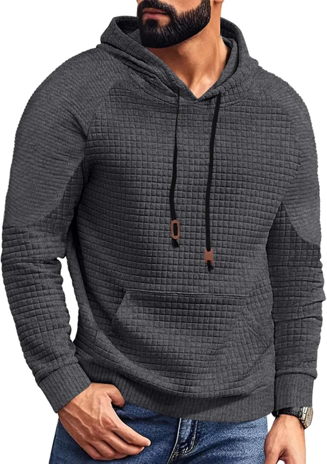 Mens Hoodies Pullover Casual Long Sleeve Waffle Hooded Sweatshirt Fashion Hoodie with Kanga Pocket