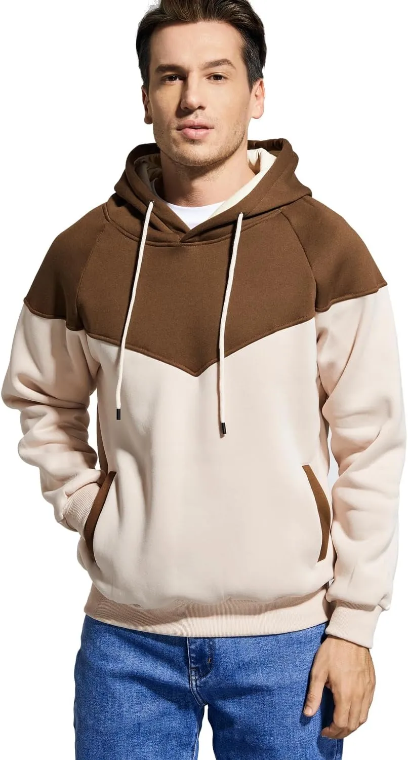 Men's Midweight Fleece Pullover Hoodies Casual Color Block Hooded Sweatshirt with Pockets