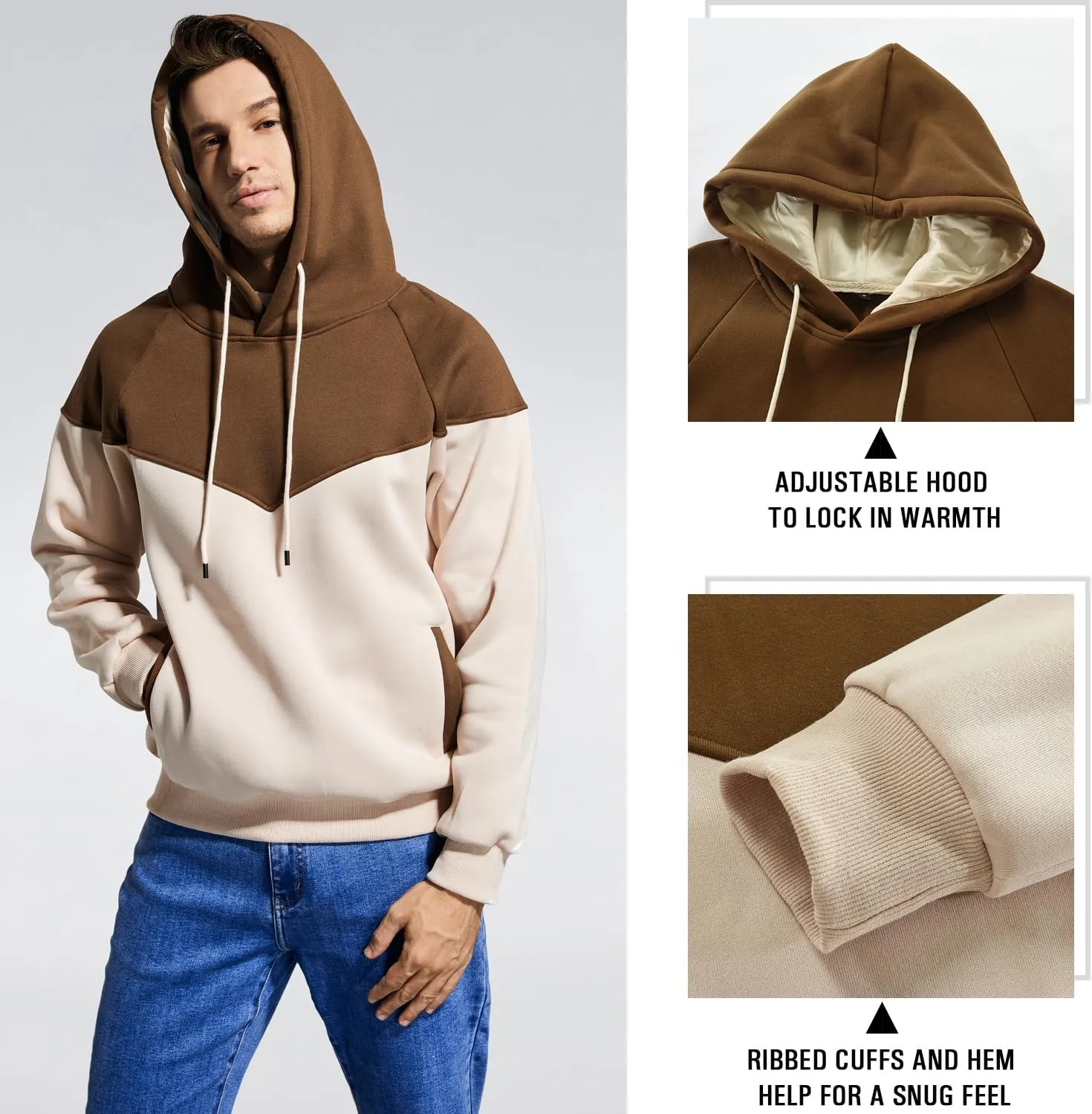 Men's Midweight Fleece Pullover Hoodies Casual Color Block Hooded Sweatshirt with Pockets