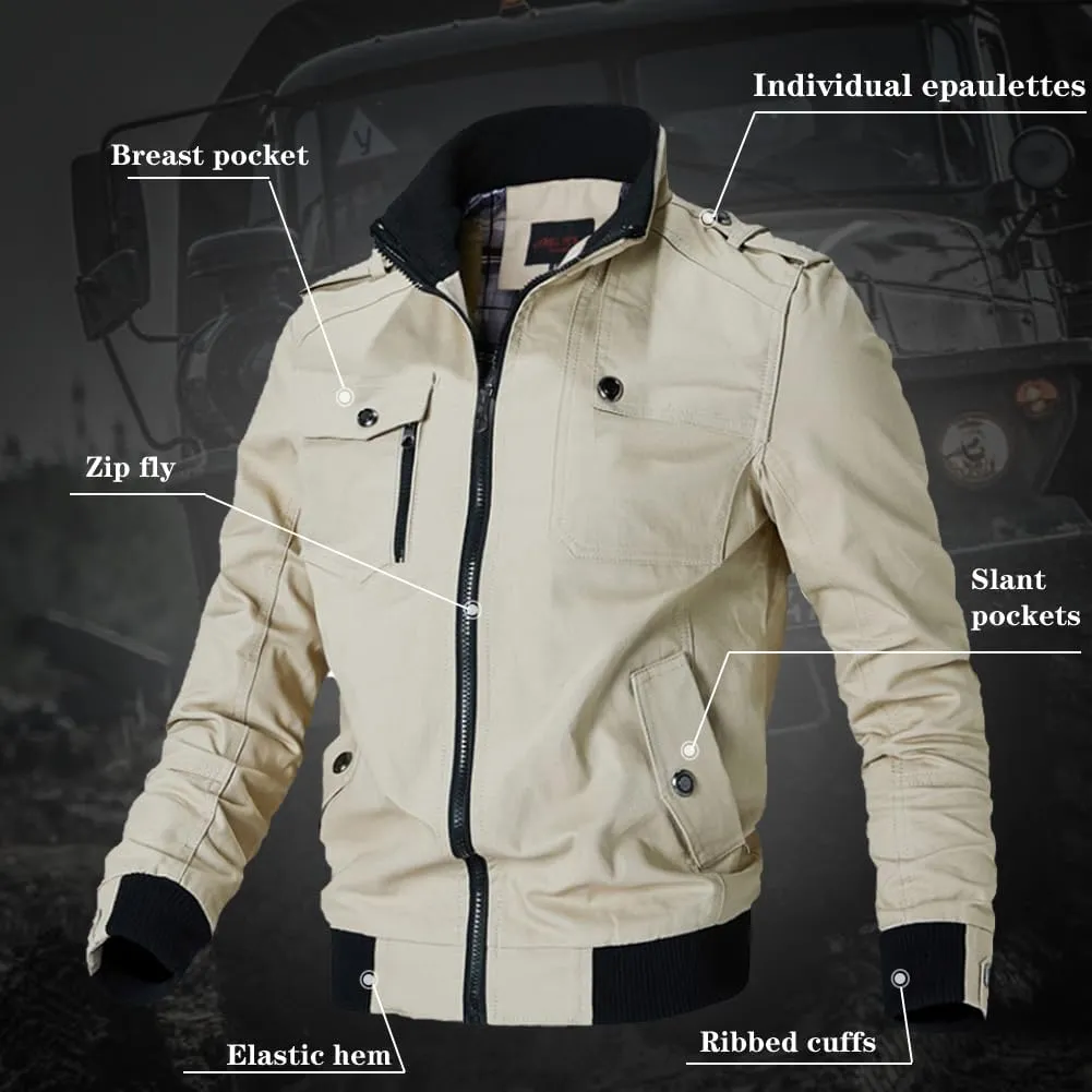 Oymyakon Men's Casual Military Jacket Stand Collar Jackets Coats Cotton Bomber Jackets with Shoulder Straps