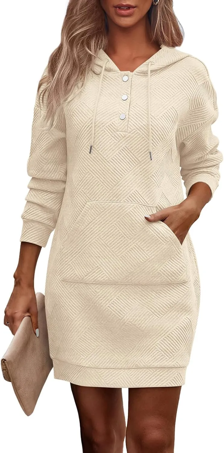PRETTYGARDEN Womens Long Sleeve Hoodies Dress 2025 Fall Trendy Texture Sweatshirts Button Hooded Winter Dresses with Pockets