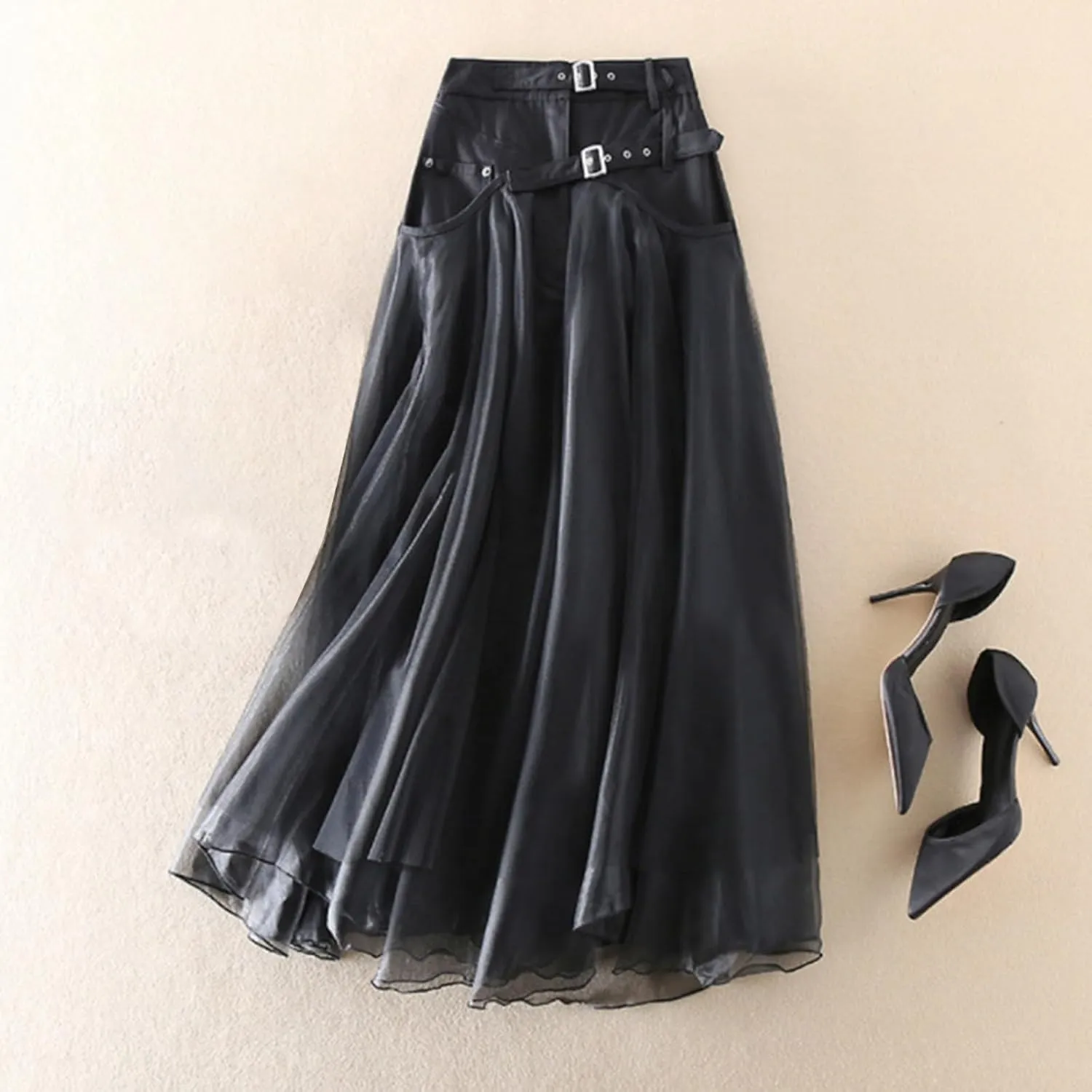 Skirts for Womens Patchwork Black A-Line Skirts Elegant Large Mesh Tulle Midi Party Puffy Flying Skirt with Pockets