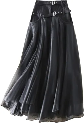 Skirts for Womens Patchwork Black A-Line Skirts Elegant Large Mesh Tulle Midi Party Puffy Flying Skirt with Pockets