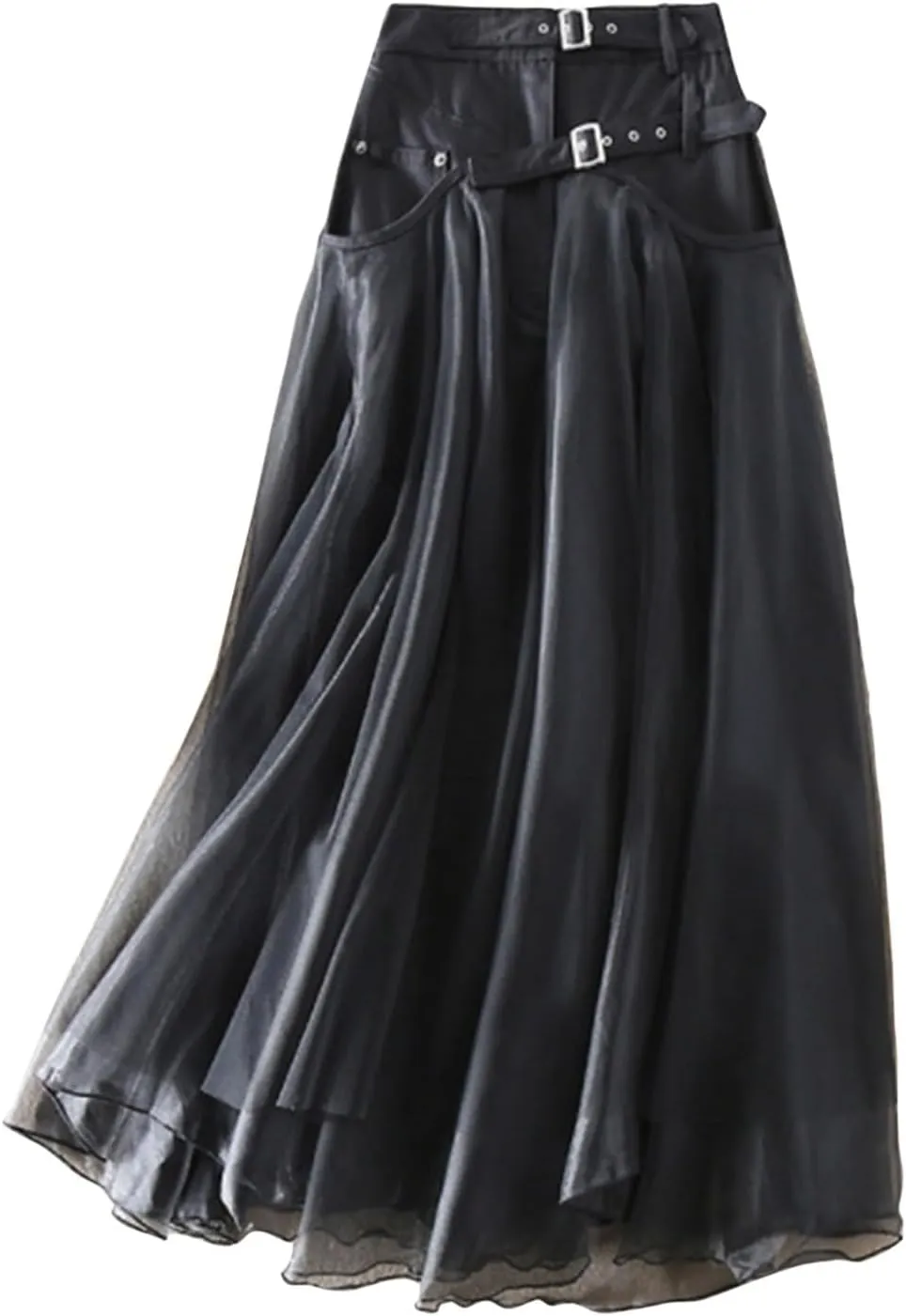 Skirts for Womens Patchwork Black A-Line Skirts Elegant Large Mesh Tulle Midi Party Puffy Flying Skirt with Pockets