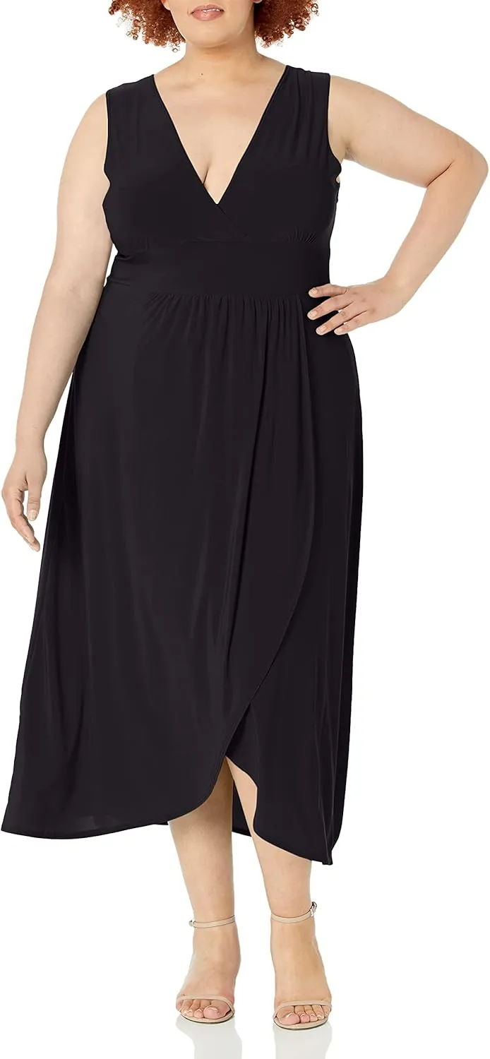 Star Vixen Women's Plus Size Sleeveless Summer Surplice Tulip Skirt Empire Band Maxi Dress